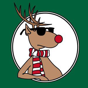 illustration of reindeer wearing sunglasses and red and white striped scarf