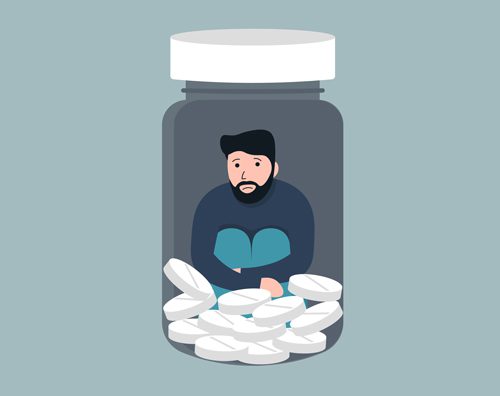 illustration of man trapped in pill bottle with white pills - benzodiazepine addiction