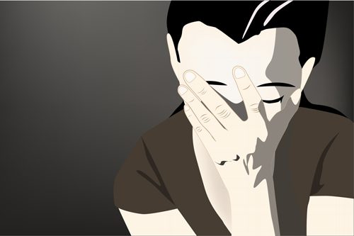 grayscale digital illustration of a woman covering her face with her hand in frustration or defeat - PAWS
